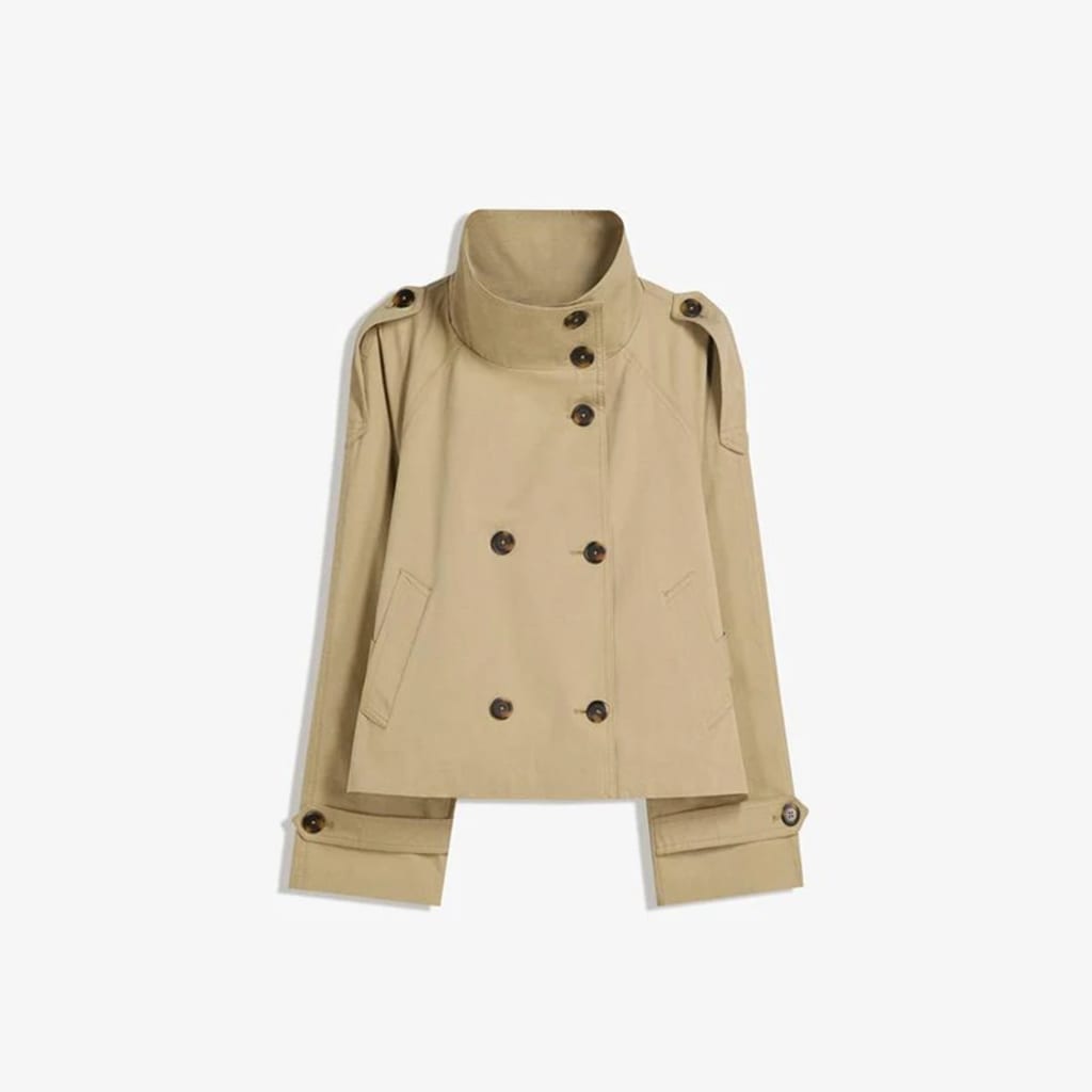 Cropped double-breasted trench coat in sand with stand collar, belted waist and epaulets