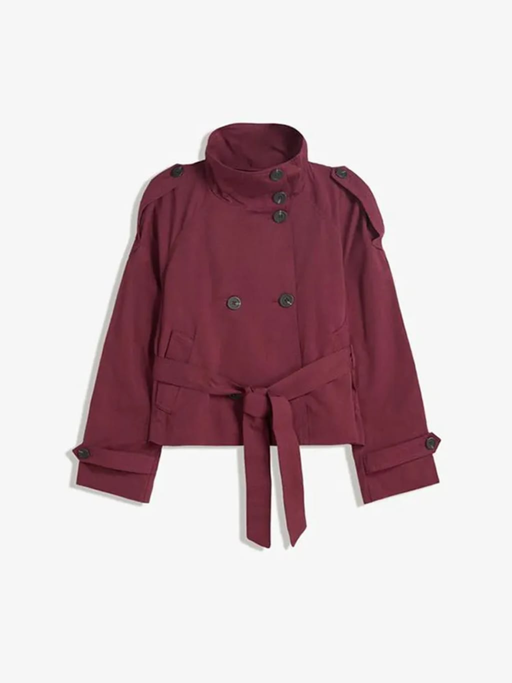 Cropped double-breasted trench coat in sand with stand collar, belted waist and epaulets