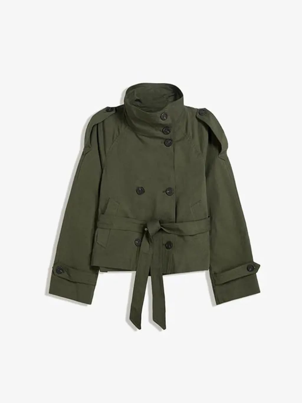 Cropped double-breasted trench coat in sand with stand collar, belted waist and epaulets