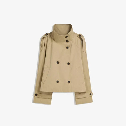 Cropped double-breasted trench coat in sand with stand collar, belted waist and epaulets