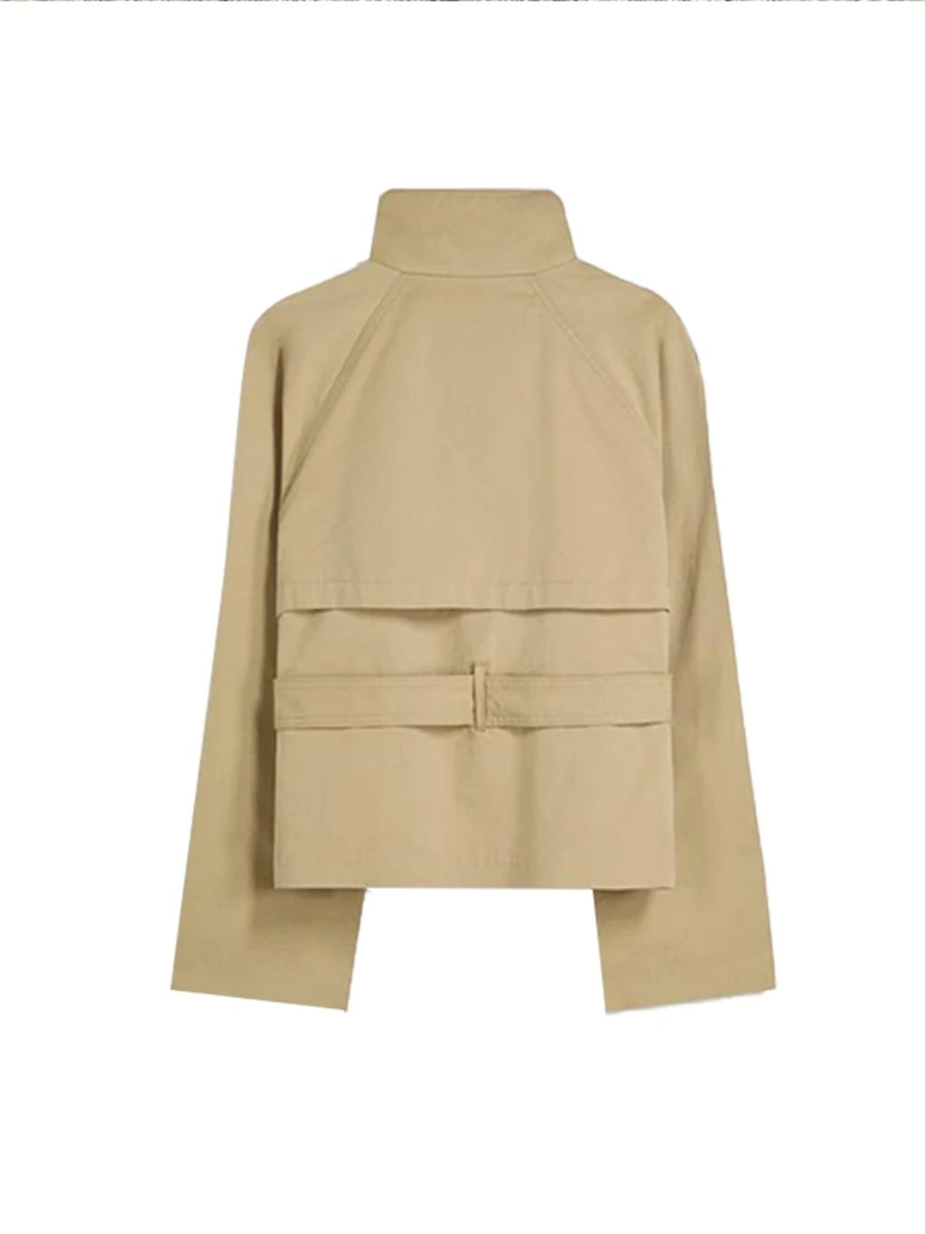 Back view of cropped trench coat on model, showcasing structured silhouette and epaulet detail